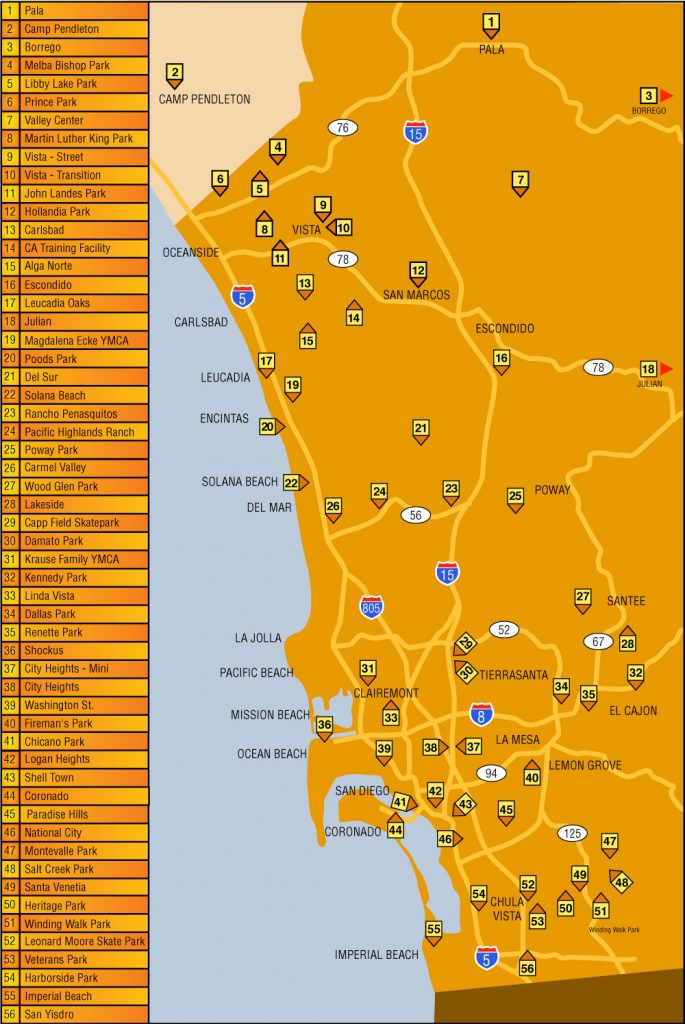A map of all of the skate parks in San Diego.