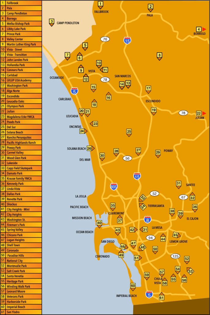 A map of all the skateparks in San Diego.